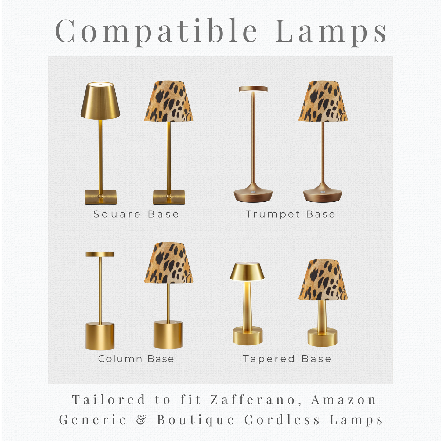 Silhouette guide for leopard cordless lamp shade compatibility with standard and mini pedestal base styles.