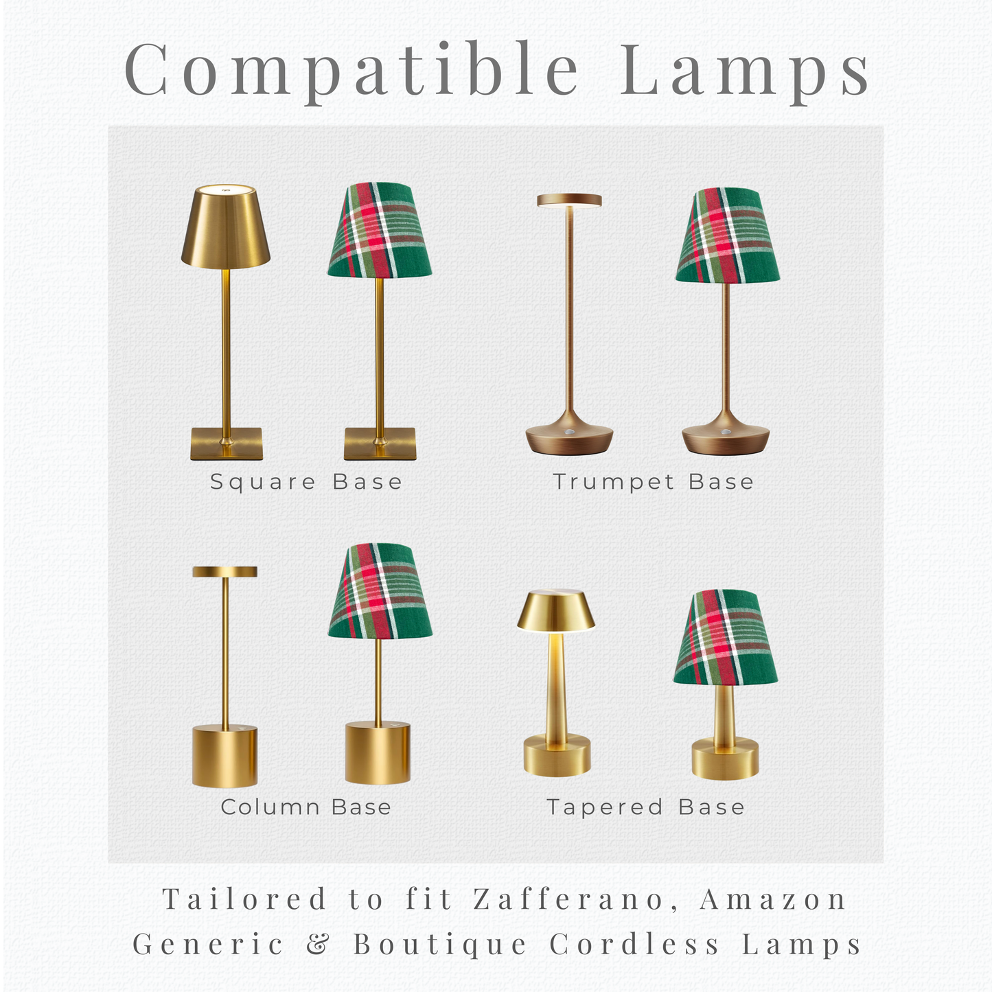 Compatibility guide for cordless lamp shades showing square, tapered, and pedestal base silhouettes for Poldina fitment.