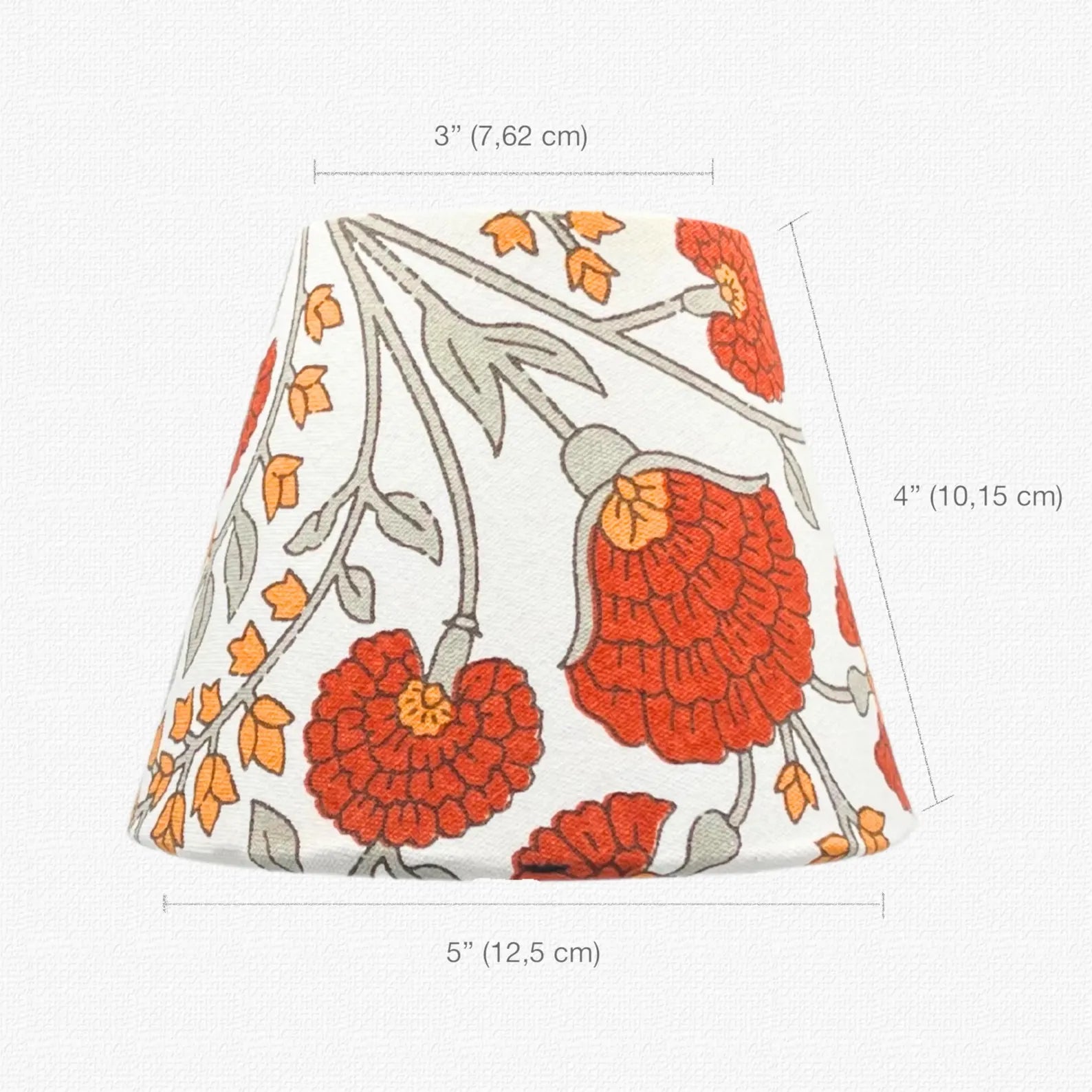 Technical measurement diagram for marigold shade: 3-inch top diameter, 5-inch bottom diameter, and 4-inch height. Fits cordless LED lamps.