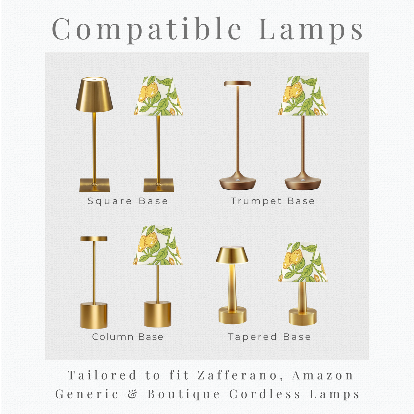 Compatibility guide for cordless bases showing secure fit for Zafferano Poldina and generic mini pedestal styles.