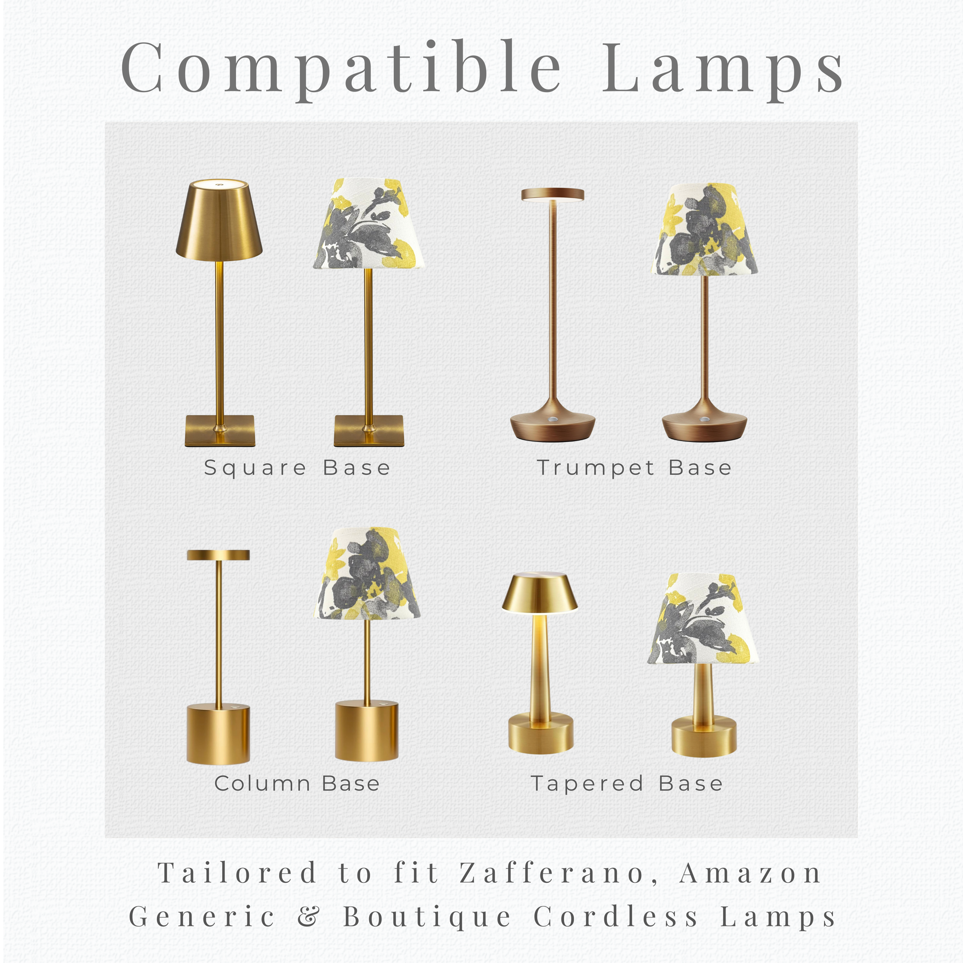 Illustration of different lamp bases with text indicating compatibility with Zafferano, Amazon, and boutique cordless lamps.