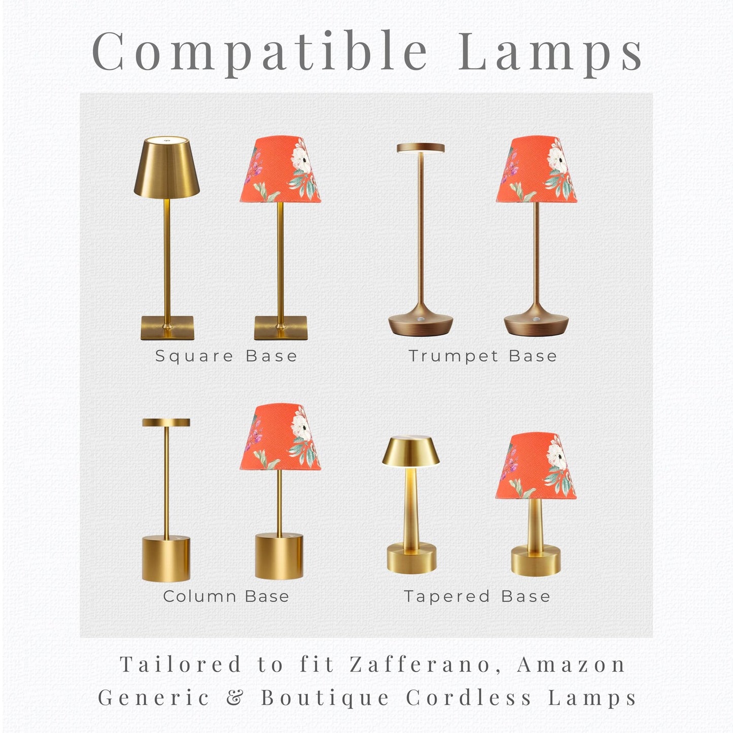 Silhouette guide for cordless lamp shade compatibility with standard and mini pedestal base styles.