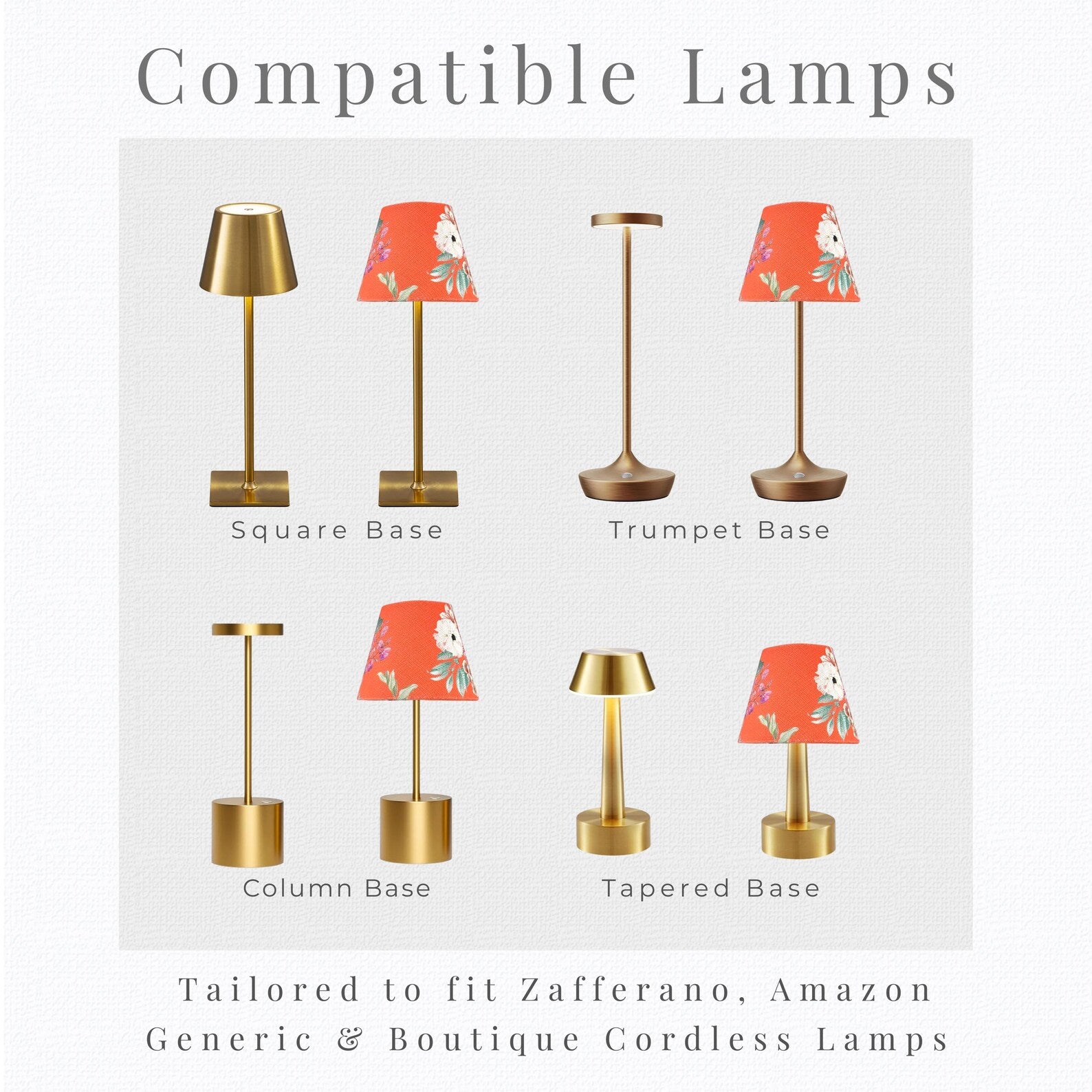 Silhouette guide for cordless lamp shade compatibility with standard and mini pedestal base styles.