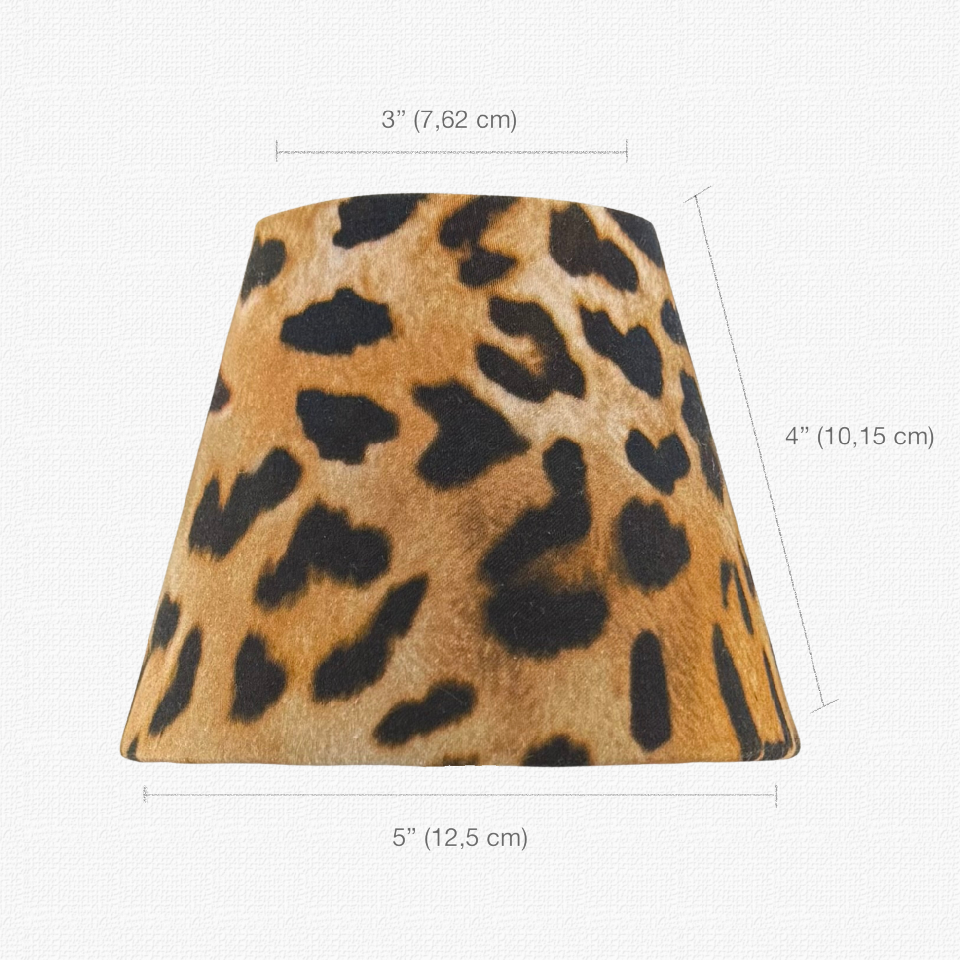 Diagram for leopard shade: 3-inch top diameter, 5-inch bottom diameter, and 4-inch height. Fits cordless lamps.