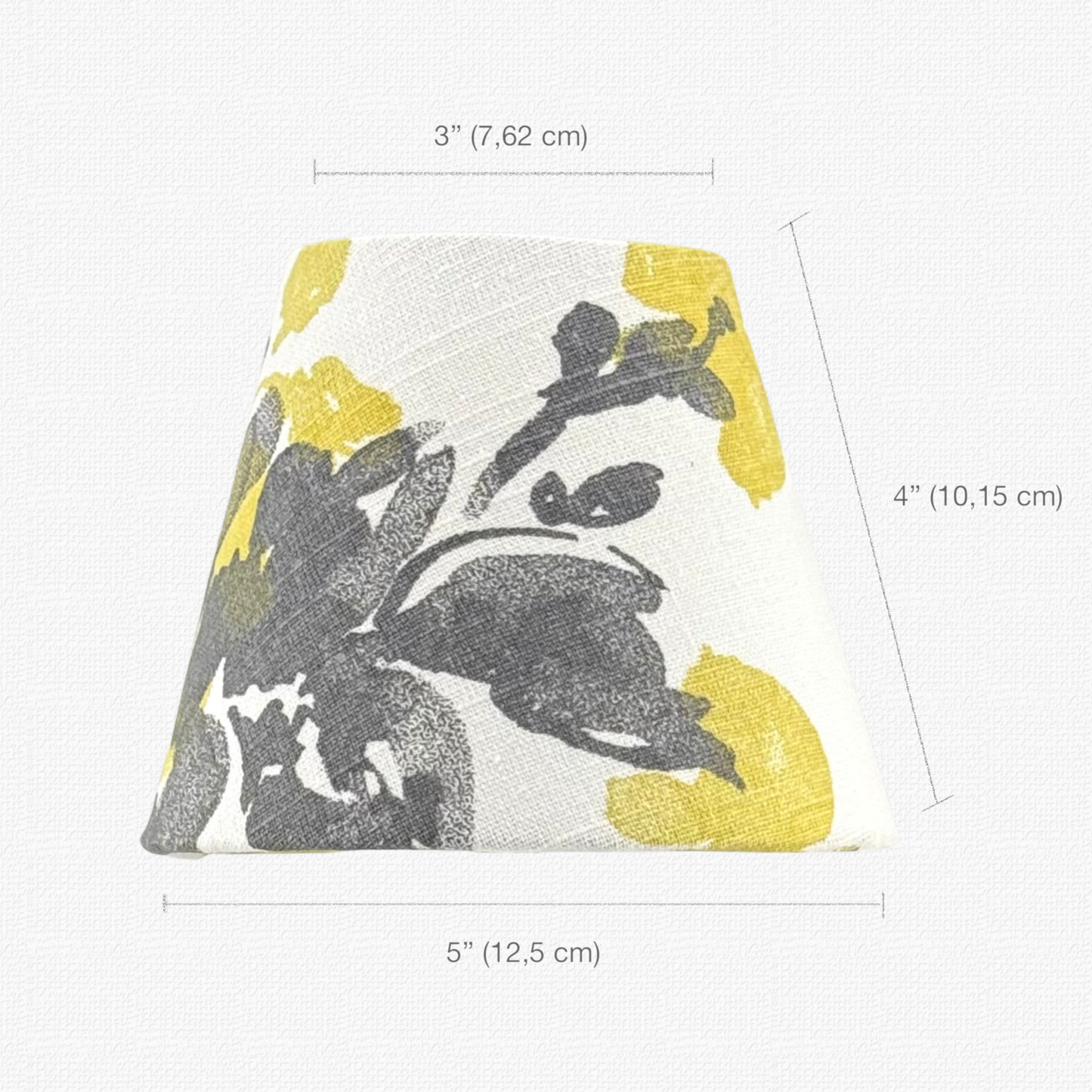 Technical measurement diagram for Ochre abstract shade: 3-inch top, 5-inch bottom, and 4-inch height. Fits cordless lamps.