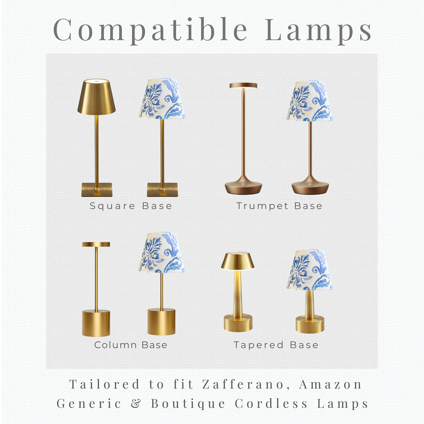 Silhouette guide for Ralph Lauren lamp shade compatibility with square, trumpet, column, and tapered bases.