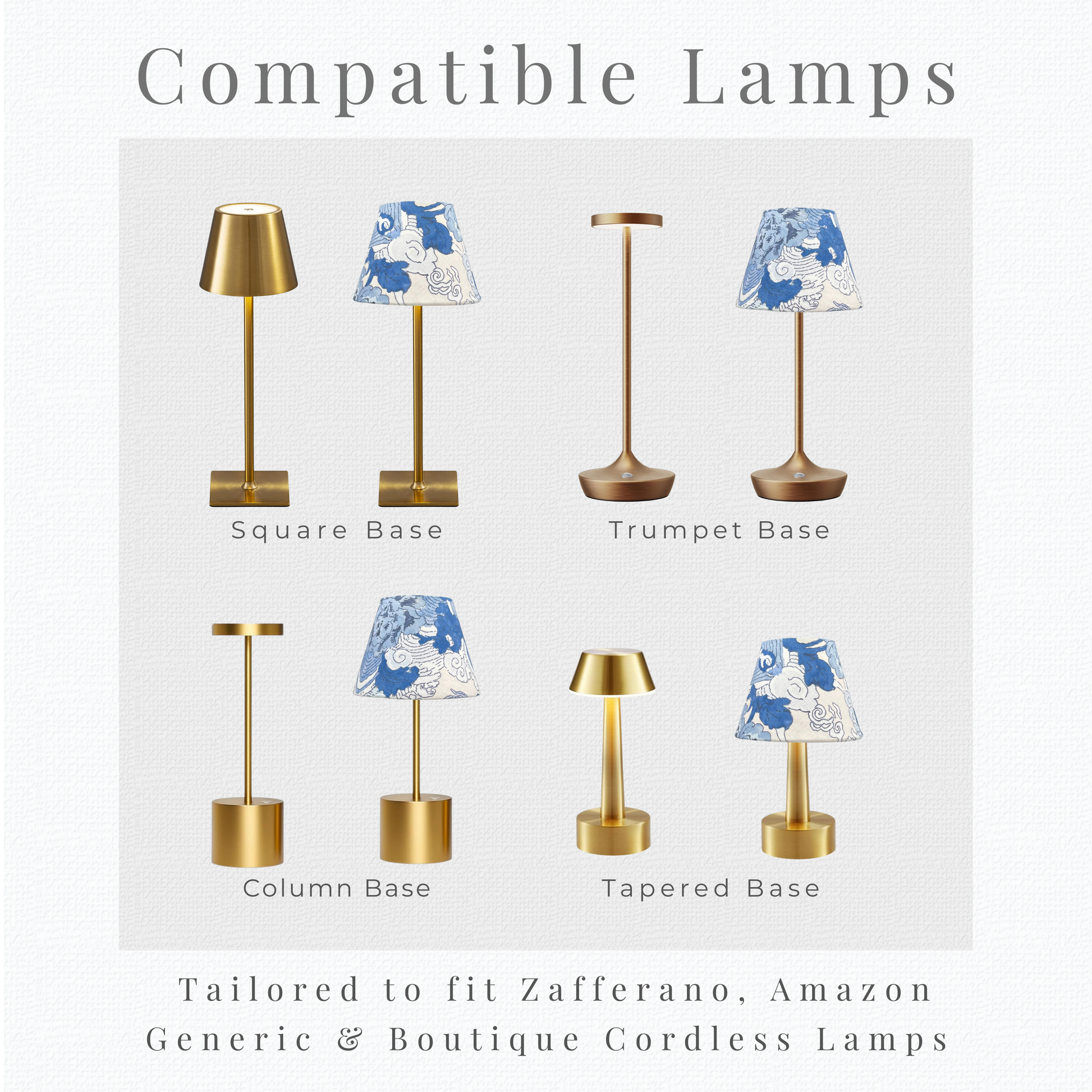 Silhouette guide for cordless lamp shade compatibility with standard and mini pedestal base styles.