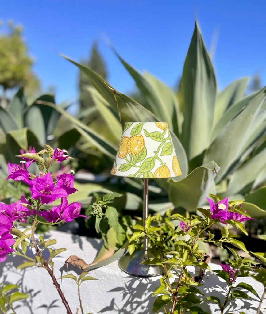 Outdoor lifestyle shot of The Lemon fruit shade on a cordless lamp surrounded by desert succulents and bougainvillea.