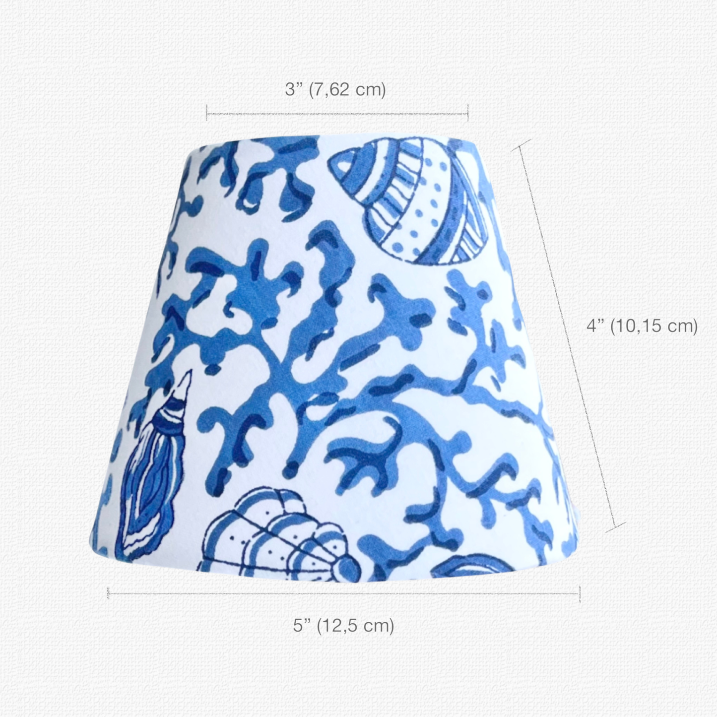 Diagram for Blue Shells shade: 3-inch top diameter, 5-inch bottom diameter, and 4-inch height. Fits cordless LED lamps.