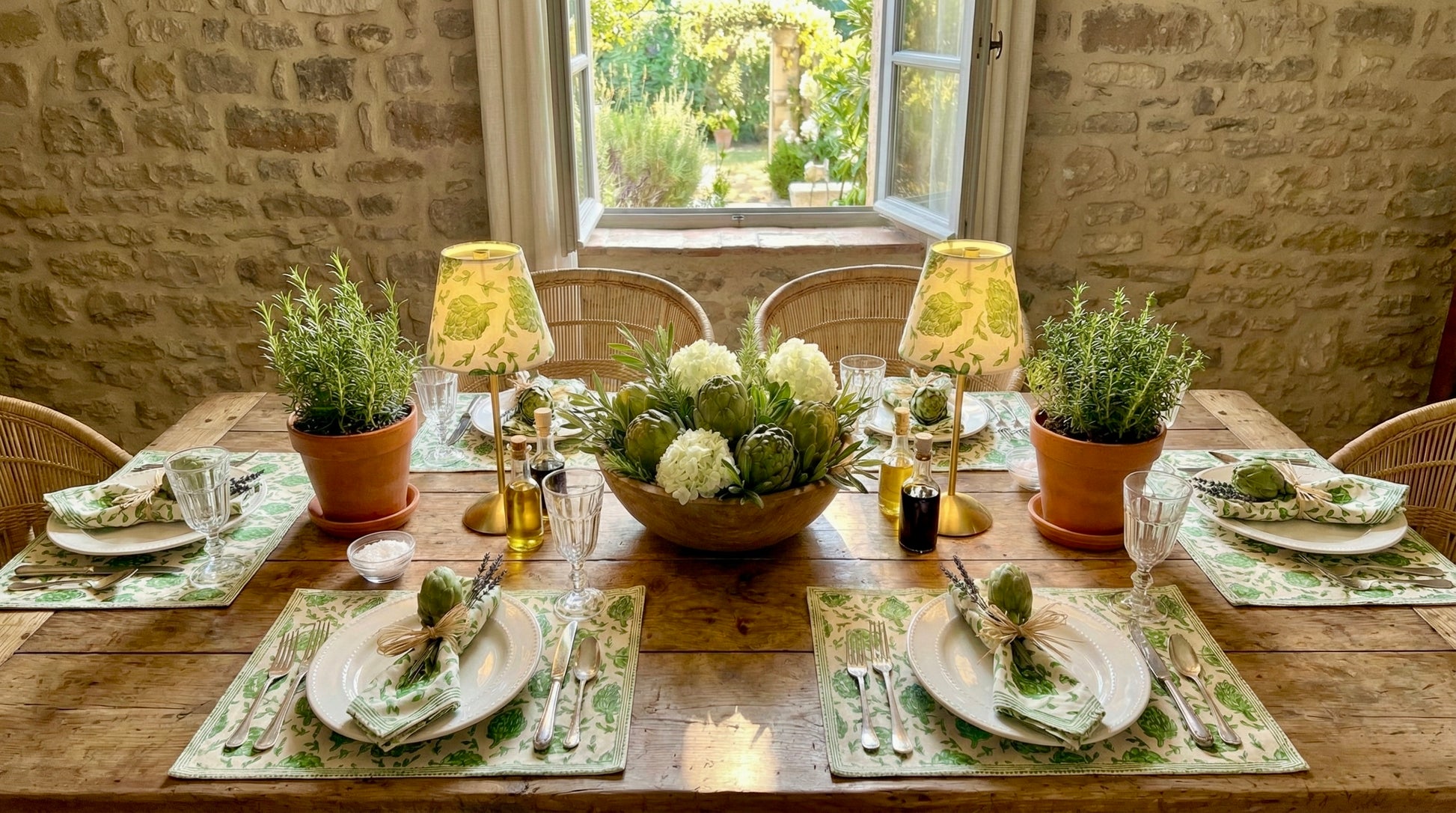 Elegant table setting featuring green artichoke lampshades on cordless lamps for garden-to-table hosting.
