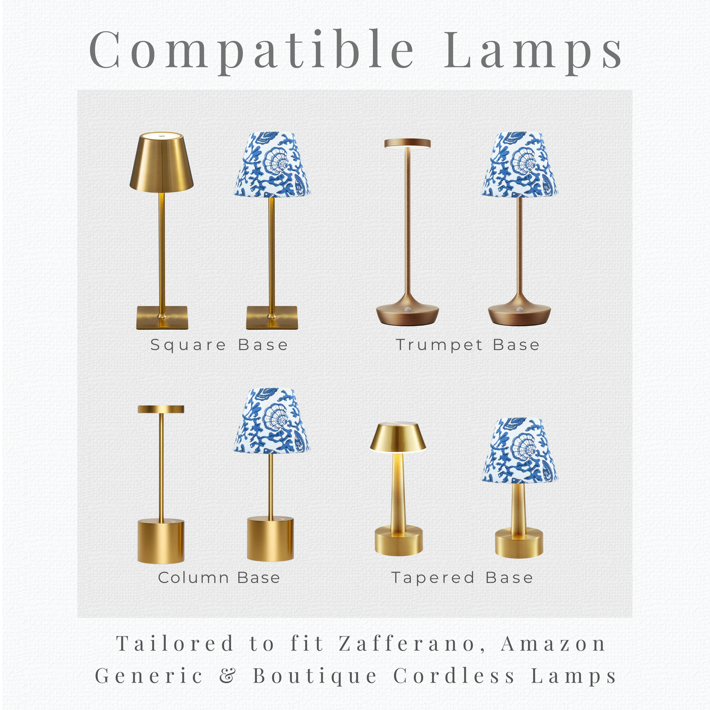 Silhouette guide for cordless lamp shade compatibility with standard and mini pedestal base styles