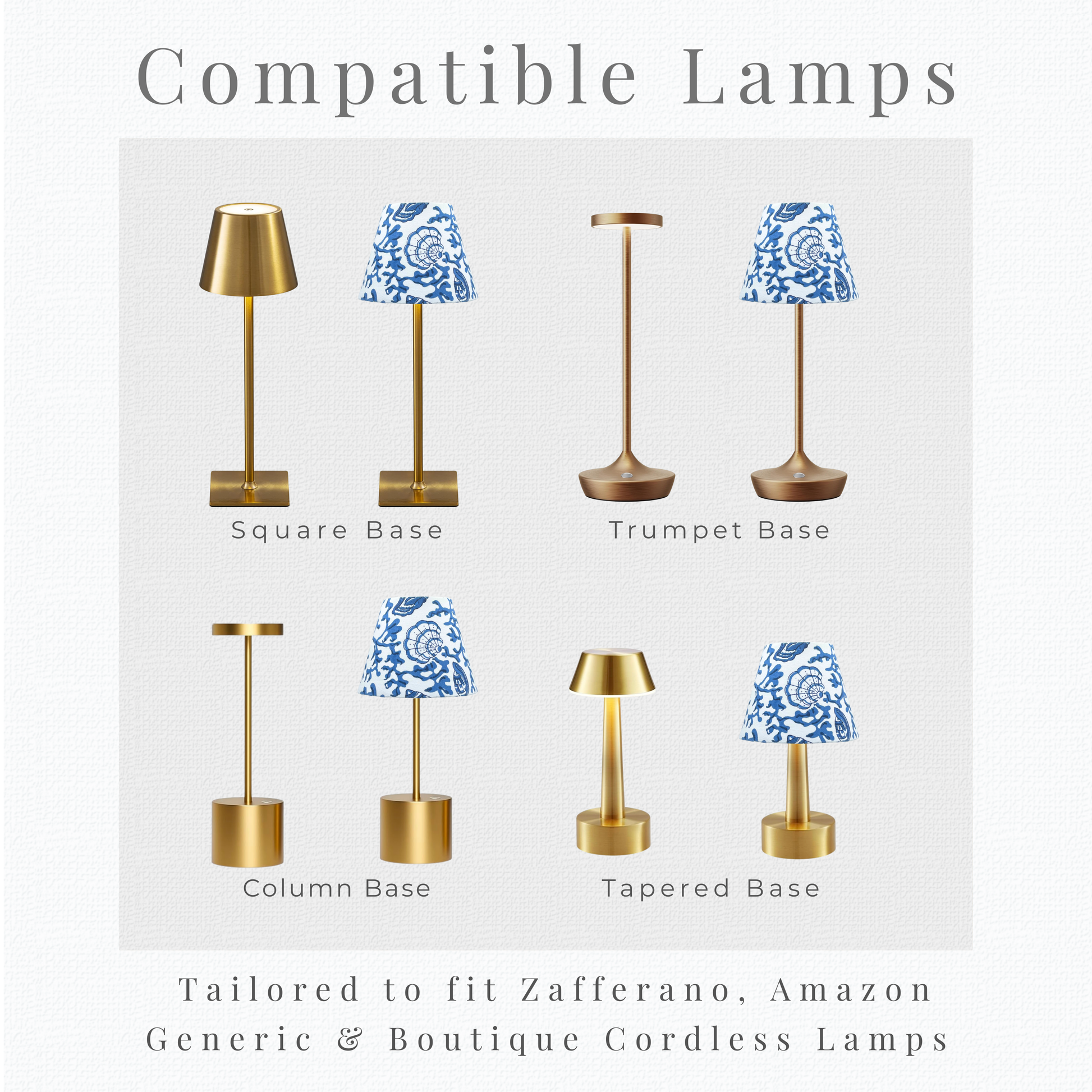 Silhouette guide for cordless lamp shade compatibility with standard and mini pedestal base styles