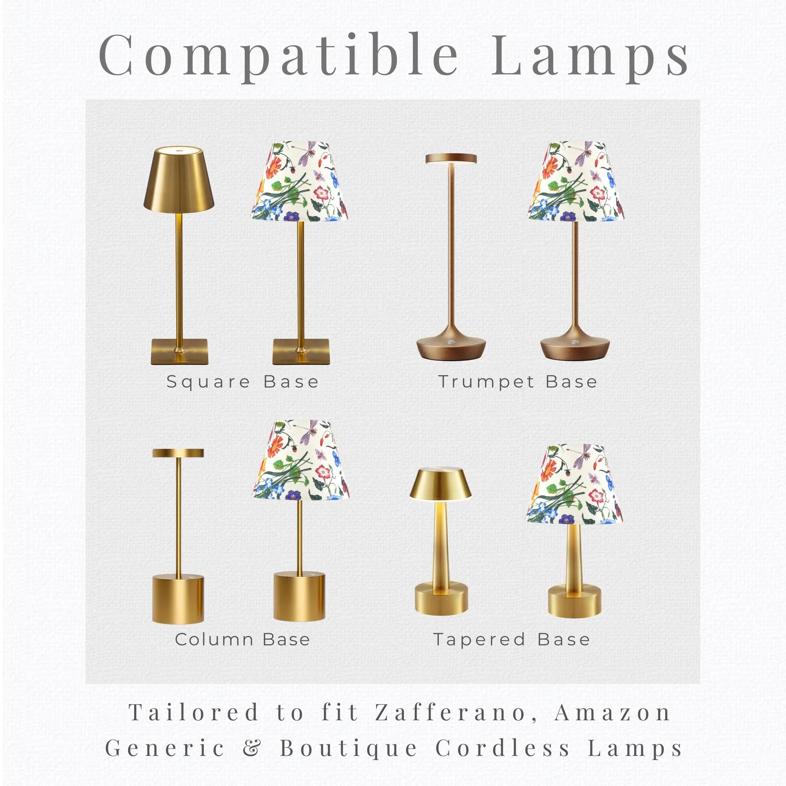 Compatible lamps guide for Zafferano Poldina, Amazon generic, and boutique cordless lamps showing four different base silhouettes.