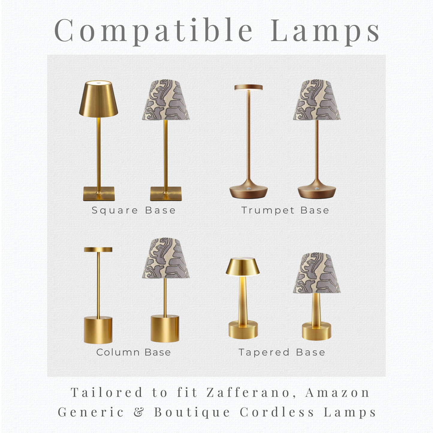 Silhouette guide for cordless lamp base compatibility with standard and mini pedestal styles.