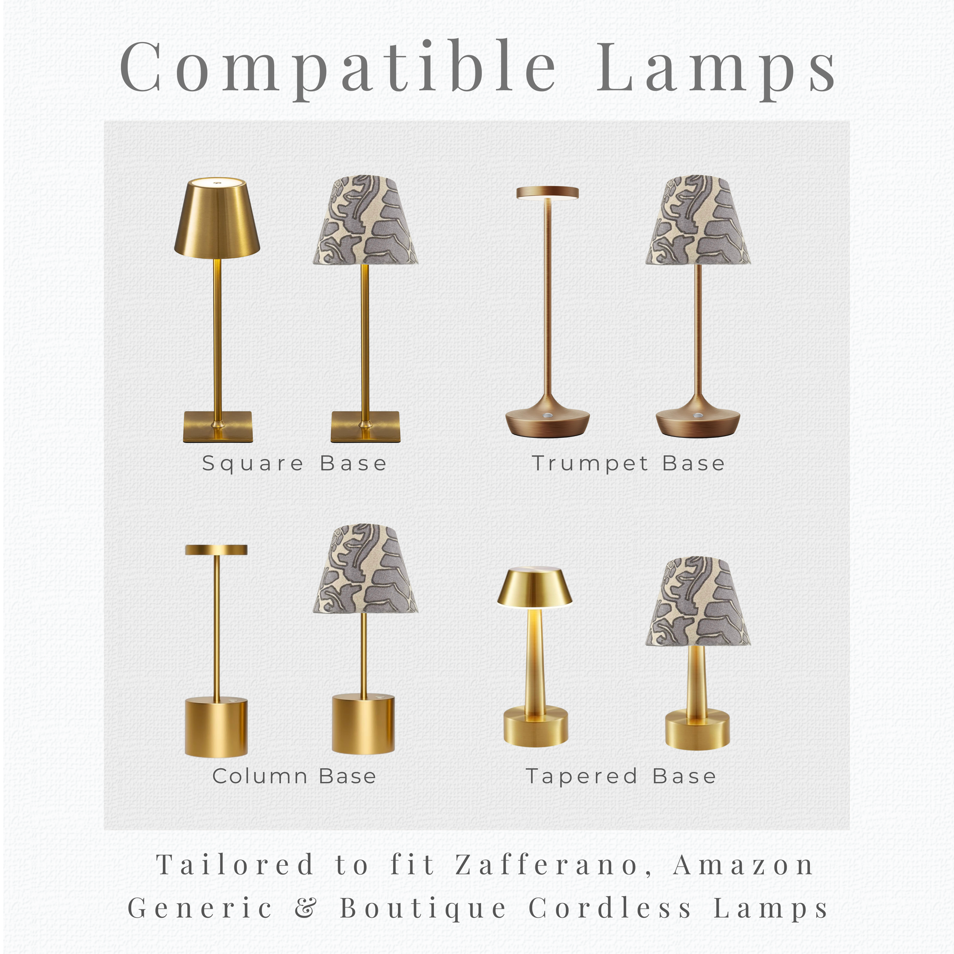 Silhouette guide for cordless lamp base compatibility with standard and mini pedestal styles.