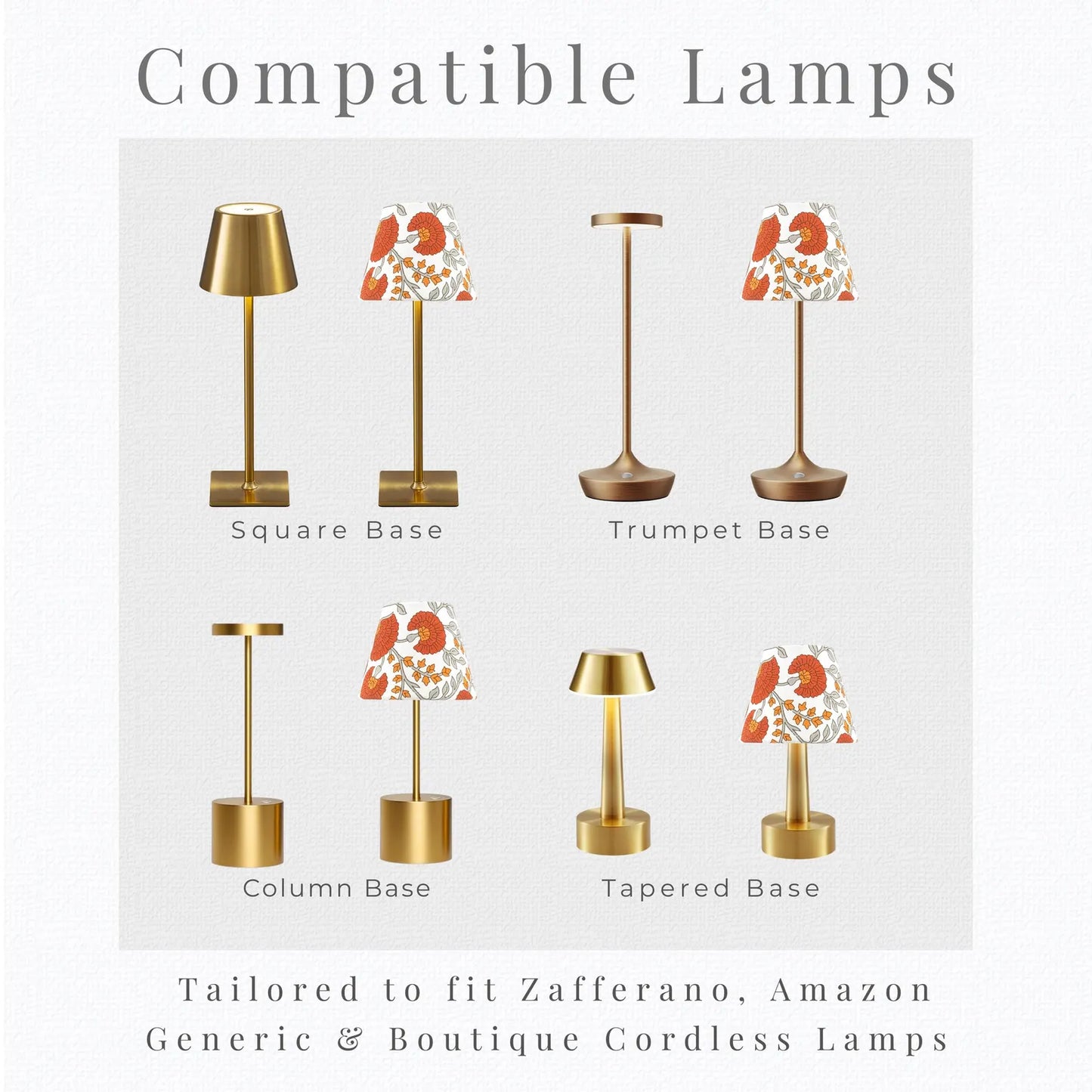 Silhouette guide for marigold cordless lamp shade compatibility with standard and mini pedestal base styles