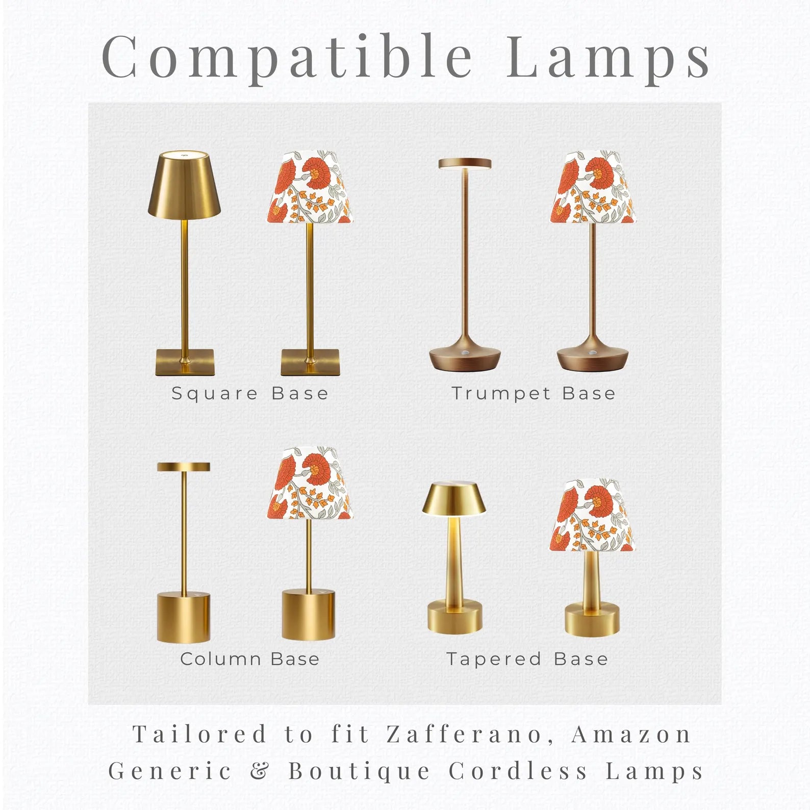 Silhouette guide for marigold cordless lamp shade compatibility with standard and mini pedestal base styles