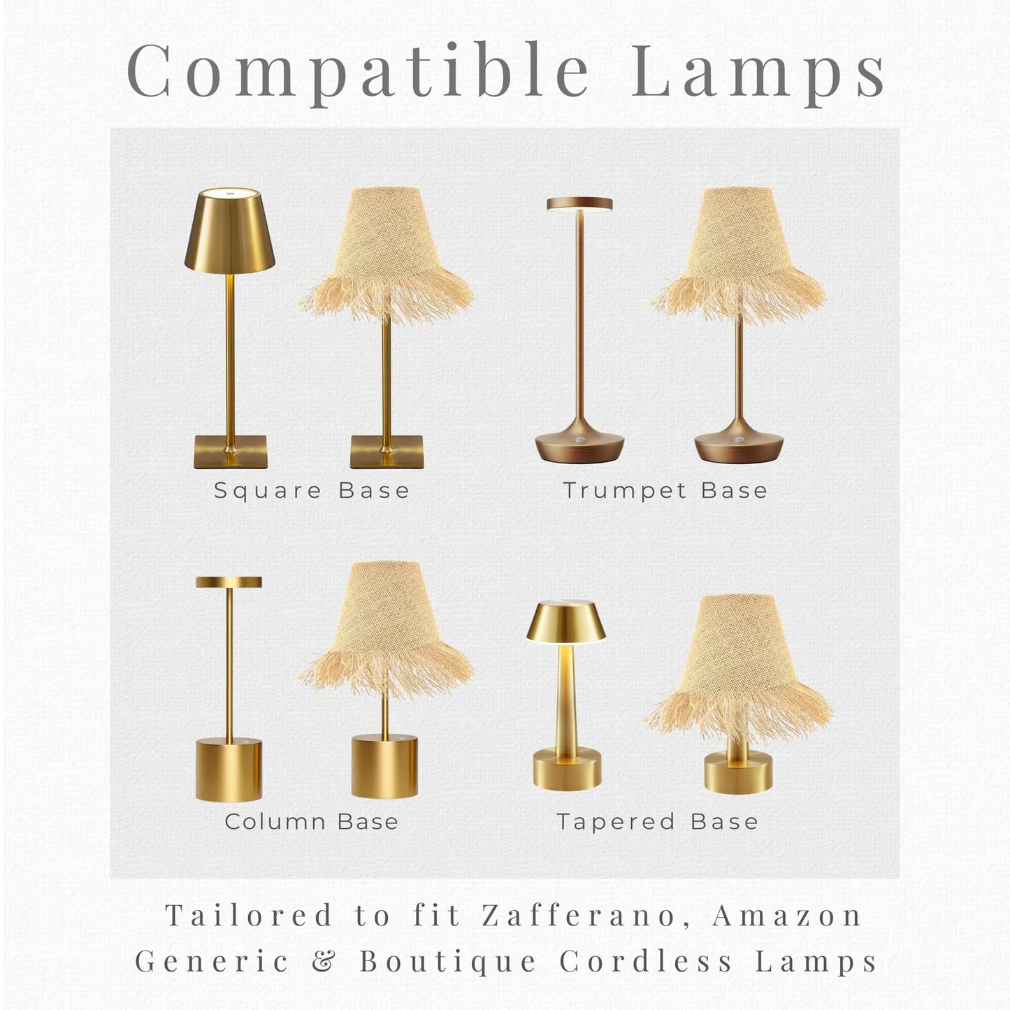 Silhouette guide for cordless lamp shade compatibility with standard and mini pedestal base styles.