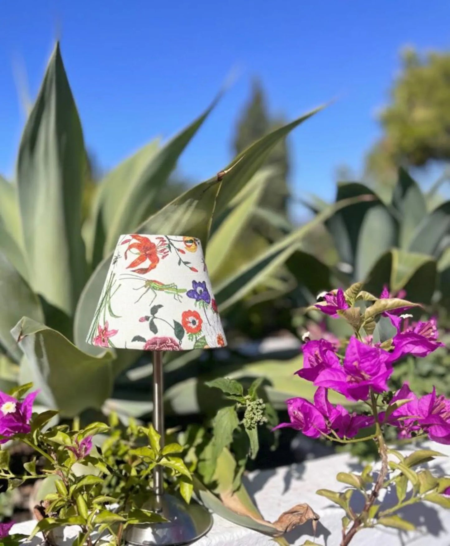 Outdoor lifestyle shot of The Botánica floral shade on a cordless lamp surrounded by pink bougainvillea and desert succulents.