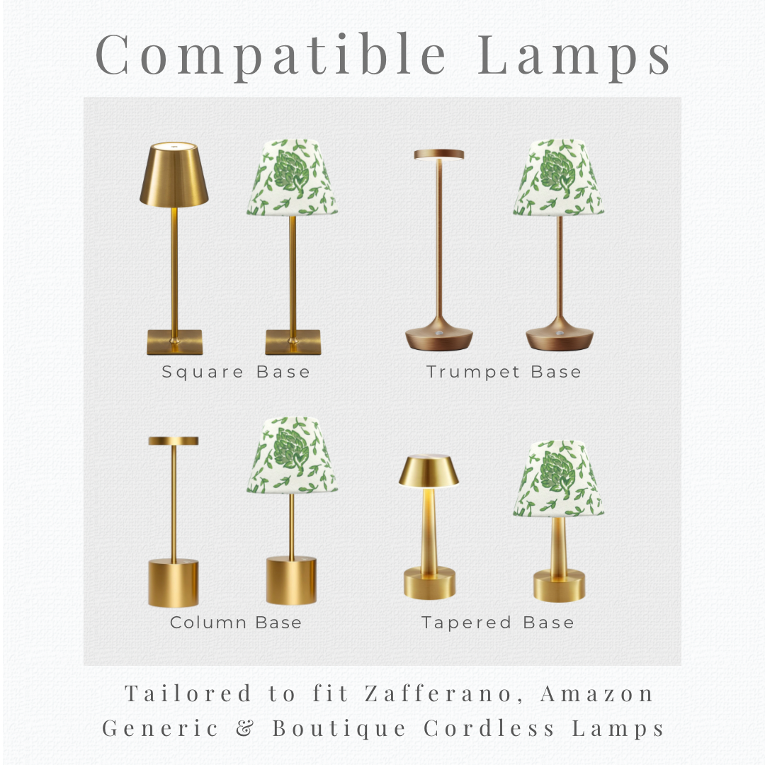 Silhouette guide for artichoke cordless lampshade compatibility with square, trumpet, and column bases.
