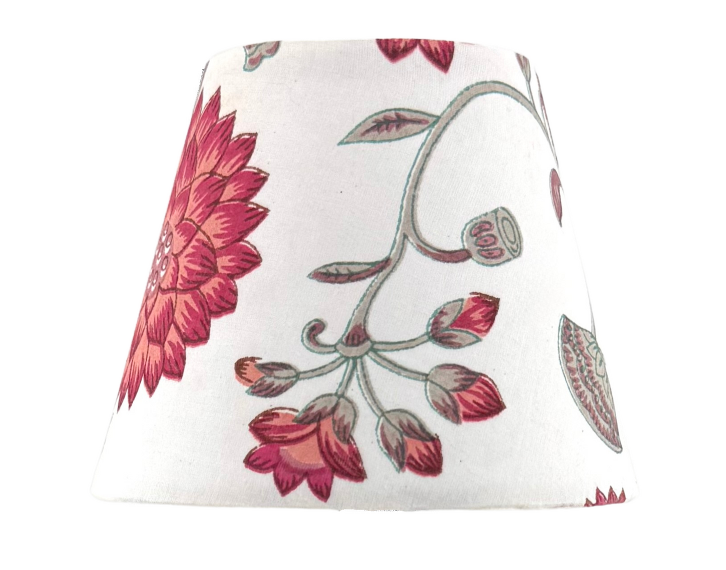 A detailed view of The Nandina Lamp Shade, showcasing its vibrant floral pattern on soft cotton fabric.