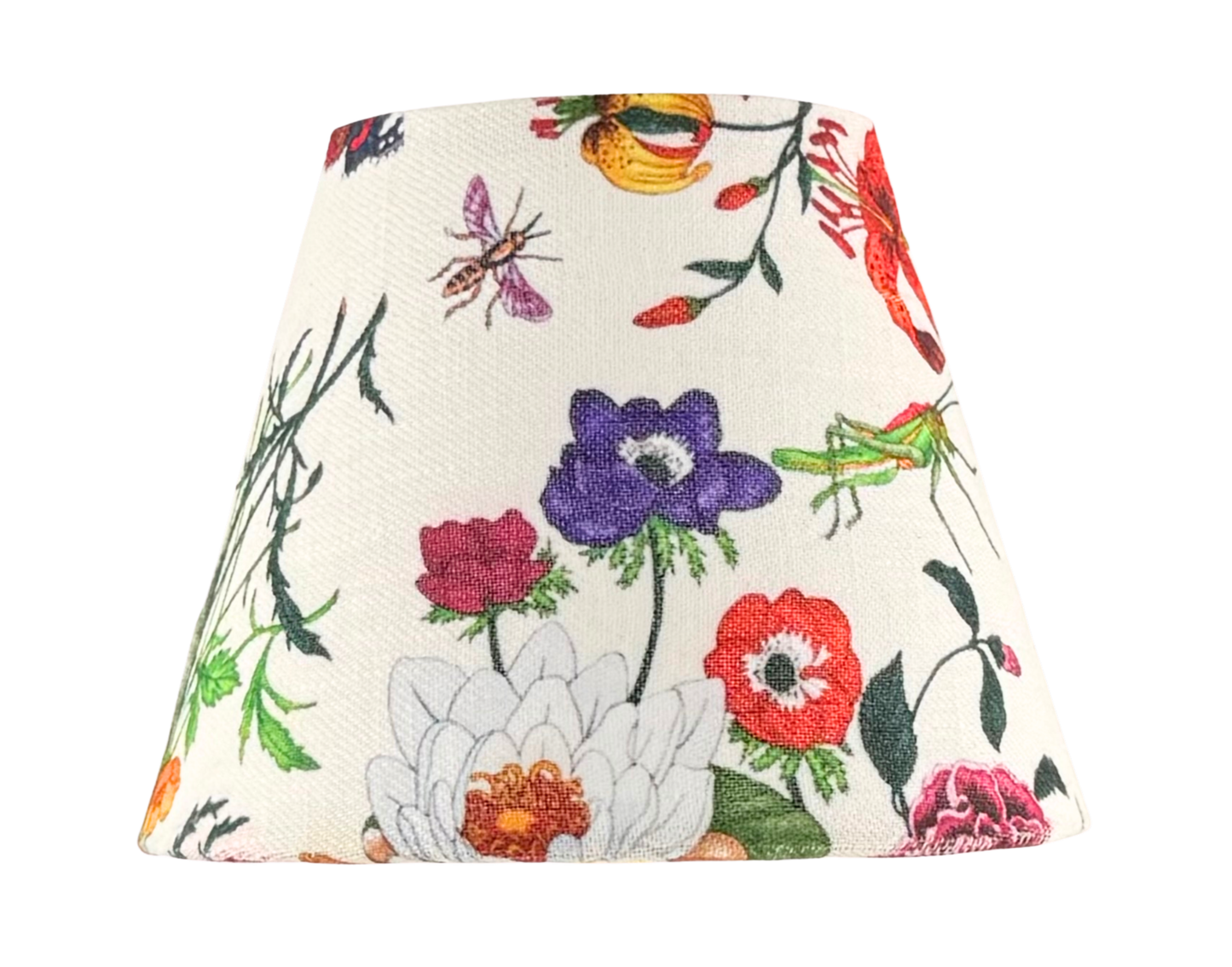 The Botánica floral lamp shade for cordless lamps featuring a botanical print with insects on a white background.