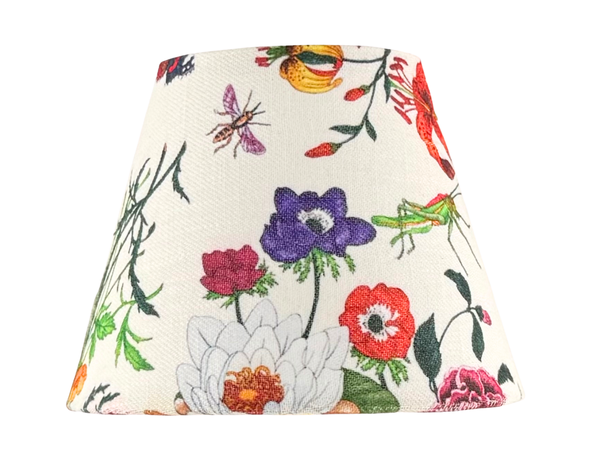 The Botánica floral lamp shade for cordless lamps featuring a botanical print with insects on a white background.