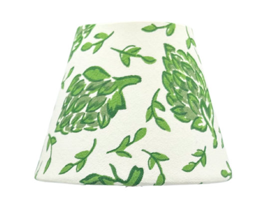 Close-up of green artichoke print fabric lamp shade for cordless Poldina bases, handmade shade only.