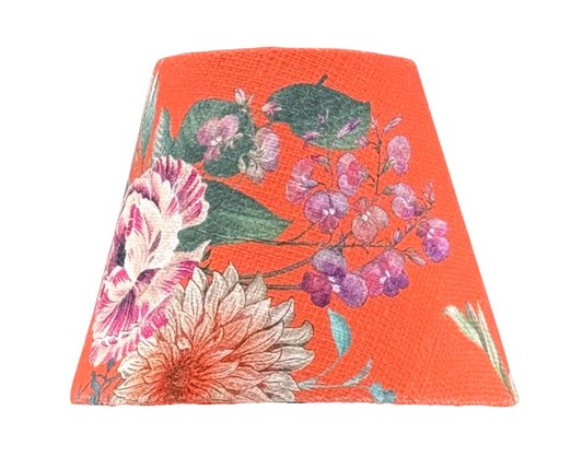 Close-up of handmade tangerine orange floral lamp shade for cordless lamps Poldina bases, handmade shade only.