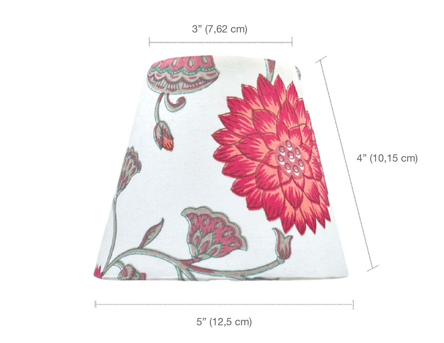 Diagram showing the exact measurements of The Nandina Lamp Shade—3” top width, 5” bottom width, and 4” height.